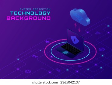3d protection technology Logging into the cloud computer data exchange system using a laptop with fingerprint scanning. Icons and circuits below the left corner have space to place text.