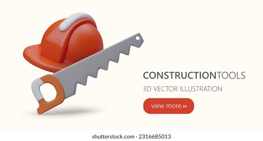 casco protector 3D y sierra de mano. Varios tipos de trabajos de reparación. Recorte profesional de árboles. Banner publicitario para diseño web con ilustración, texto, botón de enlace