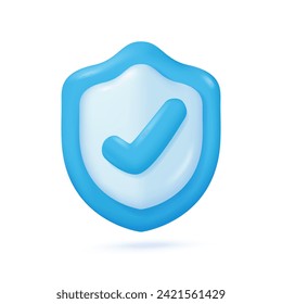 3D protective shield. Blue check mark on shield. Concept of hazard prevention and safety inspection. 3d vector Illustration.