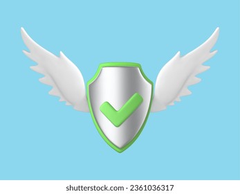 3D protective shield with wings isolated on blue background. Safety badge, security insurance. Reliable protection concept. Vector 3d illustration