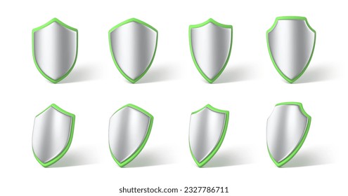 3D protective shields set isolated on white background. Concept of secure protection. Vector 3d Illustration