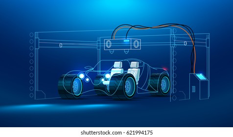 3d prototyping and 3d printing of a car, automobiles  at a large industrial 3d printer.  Abstract the concept car. Concept vector illustration 