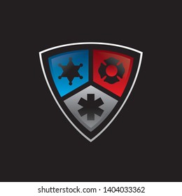 3D Public secure badge emblem logo design with police, medical and firearms icon