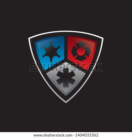 3D Public secure badge emblem logo design with police, medical and firearms icon