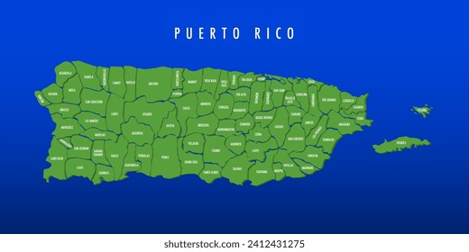 3D Puerto Rico map with isolated towns. green and blue.  Vector Illustrations