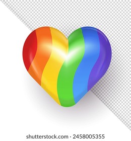 3d puffy bright rainbow heart isolated on transparent background. Three dimensional symbol of LGBTIQA community - glossy multicolored heart with LGBT flag pattern as decor element for Pride Month