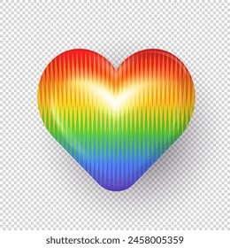 3D Puffy heller Regenbogen Herz isoliert auf transparentem Hintergrund. Dreidimensionales Symbol der LGBTIQA-Gemeinschaft - glänzendes mehrfarbiges Herz mit LGBT-Flaggenmuster als Dekoelement für den Pride Month