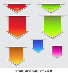 3D Pull Here Arrows - three dimensional paper slips in the shape of pull out arrows, in a variety of bright colors
