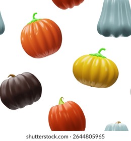3d pumpkin autumn seamless pattern. Three-dimensional vector illustration vegetable decoration for October season, Thanksgiving day, Halloween. Fall food plant vegetarians. Healthy eating wrapping