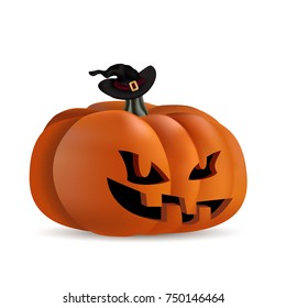 3d pumpkin for Halloween. Head of jack with a black void and a small black witch hat
