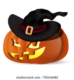 3d pumpkin for Halloween. The head of the jack with the yellow light inside and the big black witch