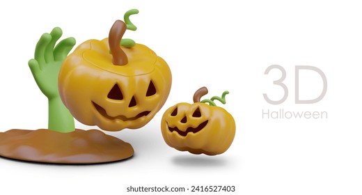 Linternas de cabeza de calabaza 3D, la mano zombie verde emerge de la tierra. Gracioso concepto de Halloween al estilo plasticino. Aterradora ilustración de la fiesta temática. Plantilla de diseño web de otoño