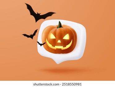 Icono de calabaza 3D para el día de Halloween en la burbuja del discurso. La creatividad en la vida nocturna es temporada espeluznante, maldad y fantasma. Ilustración de Vector de icono de horror de calabaza 3D