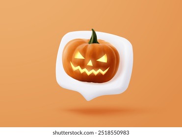 Icono de calabaza 3D para el día de Halloween en la burbuja del discurso. La creatividad en la vida nocturna es temporada espeluznante, maldad y fantasma. Ilustración de Vector de icono de horror de calabaza 3D