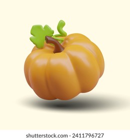 3D pumpkin, top view. Ripe orange vegetable on colored background. Autumn harvest festival template. Vector image for web design. Kids vegetable book, game illustration