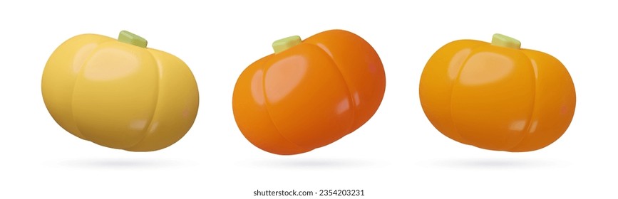 3D Pumpkins icons set. Minimal glossy plastic orange yellow and red pumpkins. Three dimensional cute toy autumn harvest vector decorations collection isolated on white background.