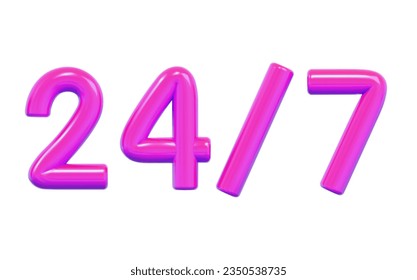 3d purple 24 hours a day and 7 days a week icon. Concept of tech supporting. Cartoon style. Stock vector illustration on isolated background. 
