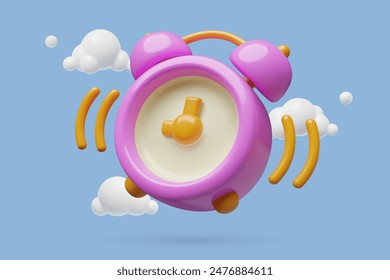 3D purple alarm clock ringing icon. Minimal time, countdown, waking up and hurry concept three dimensional vector illustration for business background.