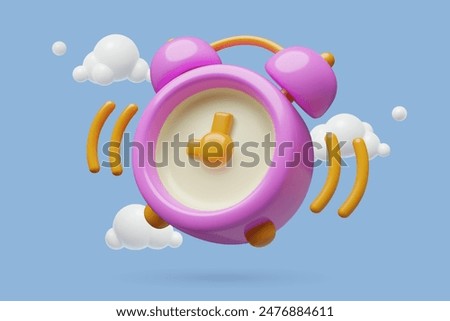 3D purple alarm clock ringing icon. Minimal time, countdown, waking up and hurry concept three dimensional vector illustration for business background.