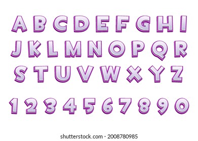 Alfabeto morado 3d y números para ui juegos, texto.