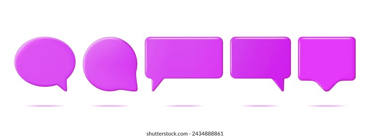 3D Purple Blank Speech Bubbles Set Isolated. Square and Round Rendering Chat Balloon Pin. Notification Shape Mockup. Communication, Web, Social Network Media, App Button. Realistic Vector Illustration