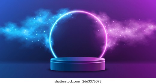 Podio púrpura y azul 3D rodeado de nubes suaves, polvo mágico y efecto de niebla con marco de anillo de neón brillante. Abstractas escenario cilíndrico de ensueño para exhibir productos de marca. Ilustración vectorial.