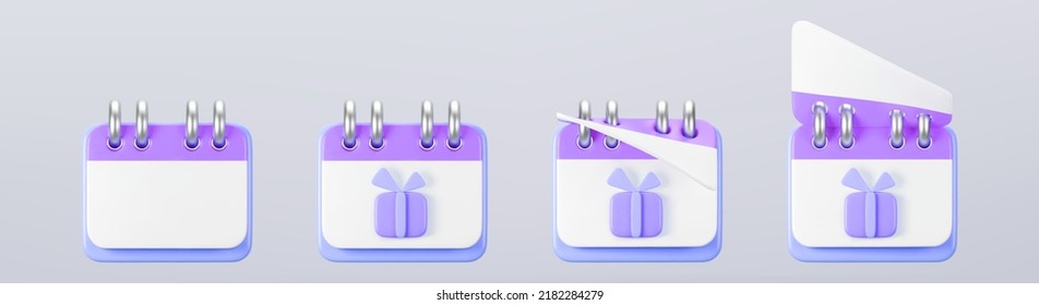 3d purple calendar with gift box icon on gray background. Render of daily birthday event schedule planner, wedding day. Boxing day sale and save the date concept. 3d cartoon simple vector illustration