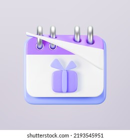 3d purple calendar with gift box icon on gray background. Render of daily birthday event schedule planner, wedding day. Boxing day sale and save the date concept. 3d cartoon simple vector illustration