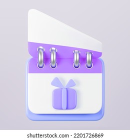 3d purple calendar with gift box icon on gray background. Render of daily birthday event schedule planner, wedding day. Boxing day sale and save the date concept. 3d cartoon simple vector illustration