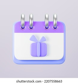 3d purple calendar with gift box icon on gray background. Render of daily birthday event schedule planner, wedding day. Boxing day sale and save the date concept. 3d cartoon simple vector illustration