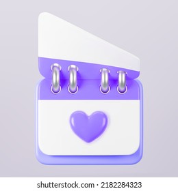 3d purple calendar with heart icon isolated. Render of daily wedding event schedule planner, valentine's day, birthday. Menstrual calendar control women cycle. 3d cartoon simple vector illustration