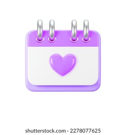 3d purple calendar with heart icon isolated. Render of daily wedding event schedule planner, valentine's day, birthday. Menstrual calendar control women cycle. 3d cartoon simple vector illustration