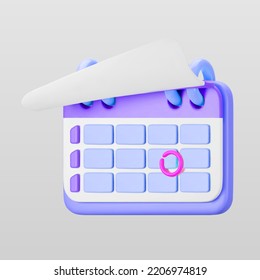 3d purple calendar icon with highlighted circle day and flipping pages. Save the date. Render of weekly schedule planner with mark the date. Calendar important day concept. 3d cartoon simple vector