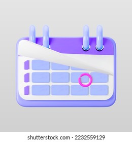 3d purple calendar icon with highlighted circle day and flipping pages. Save the date. Render of weekly schedule planner with mark the date. Calendar important day concept. 3d cartoon simple vector