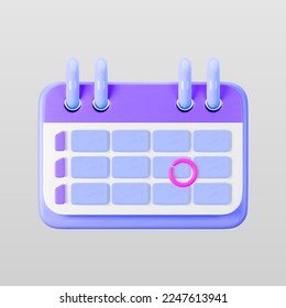 3d purple calendar icon with highlighted circle day and flipping pages. Save the date. Render of weekly schedule planner with mark the date. Calendar important day concept. 3d cartoon simple vector