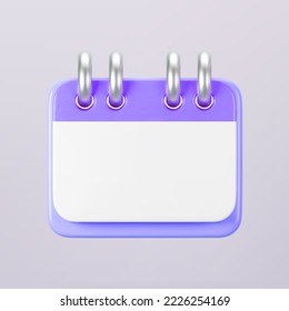 3d purple calendar icon isolated. Render of daily wedding event schedule planner, valentine's day, birthday. Menstrual calendar for control women cycle. 3d cartoon simple vector illustration