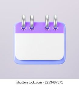 3d purple calendar icon on gray background. Render of daily birthday schedule planner, valentine's or wedding day. Calendar events plan, work planning concept. 3d cartoon simple vector illustration