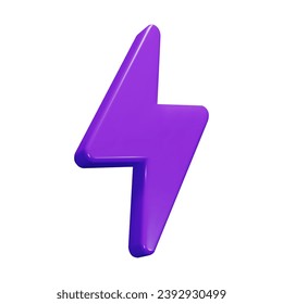 3d purple charger symbol. Yellow sign thunder. Symbol of energy, danger. Minimalistic electrical discharge. Vector illustration.