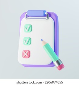 3d purple checklist on clipboard icon with check mark, cross mark, pencil. Render to-do or shopping, medical, business and education checklist. 3d cartoon simple vector illustration