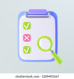 3d purple checklist on clipboard icon with check mark, cross mark and magnifying glass. Render to-do or shopping, medical, business and education checklist. 3d cartoon simple vector illustration