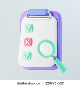 3d purple checklist on clipboard icon with check mark, cross mark and magnifying glass. Render to-do or shopping, medical, business and education checklist. 3d cartoon simple vector illustration