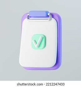 3d lista de verificación púrpura en el icono del portapapeles con marca de verificación aislada en el fondo gris. Hacer la lista de tareas pendientes o de compras, médicas, empresariales y educativas. 3.ª ilustración vectorial simple de dibujos animados