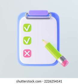 3d purple checklist on clipboard icon with check mark, cross mark, pencil. Render to-do or shopping, medical, business and education checklist. 3d cartoon simple vector illustration