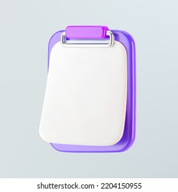 3d purple clipboard icon with blank sheet of paper isolated on gray background. Render clipboard with 3d document for notes, contracts, schedule, work planning. 3d cartoon simple vector illustration