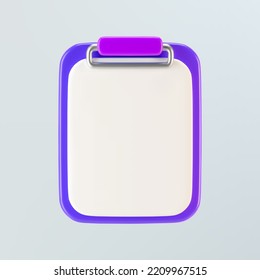 3d purple clipboard icon with blank sheet of paper isolated on gray background. Render clipboard with 3d document for notes, contracts, schedule, work planning. 3d cartoon simple vector illustration