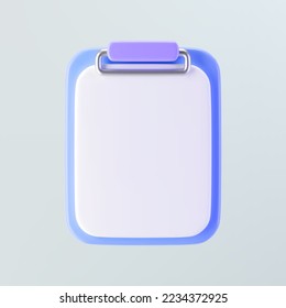 3d purple clipboard icon with blank sheet of paper isolated on gray background. Render clipboard with 3d document for notes, contracts, schedule, work planning. 3d cartoon simple vector illustration