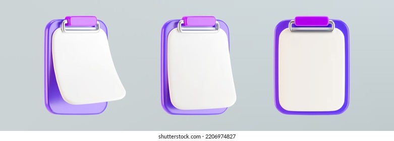 3d purple clipboard icons with blank sheet of paper isolated on gray background. Render clipboard with 3d document for notes, contracts, schedule, work planning. 3d cartoon simple vector illustration