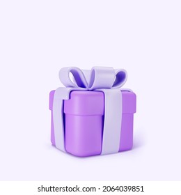 3d purple closed gift box standing on the floor with pastel ribbon bow isolated on a light background. 3d render modern holiday surprise box. Realistic vector icon