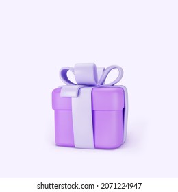 3d purple closed gift box standing on the floor with pastel ribbon bow isolated on a light background. 3d render modern holiday surprise box. Realistic vector icon