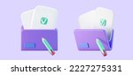 3d purple computer file folder icon with blank document and check, pencil isolated on background. Render folder with paper for management file concept. 3d cartoon simple vector illustration